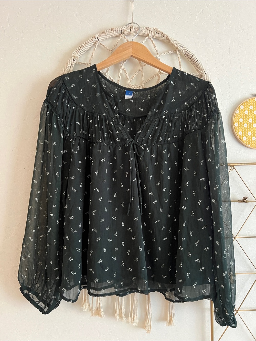 L | Old Navy Green Floral Tie-Neck Sheer Blouse with Long Sleeves